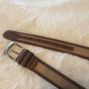 Men’s brown leather belt with tan canvas inset